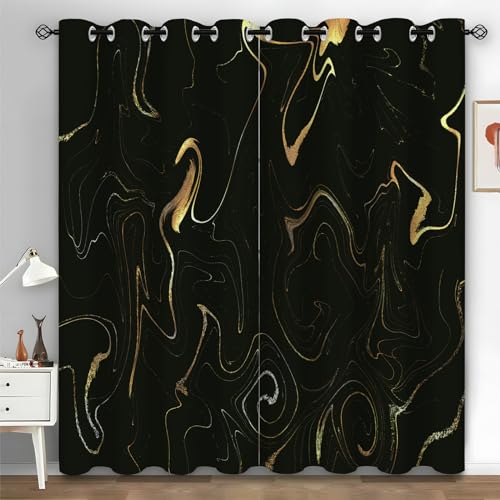 Syhi Qlty Verdunklungsvorhänge Marmor Vorhang Blickdicht Vorhänge Mit Ösen, Schwarz und Gold Thermovorhang Kälteschutz Gardinen Blickdicht 2er Set für Wohnzimmer Schlafzimmer, 160x132 cm(HxB)(A4) von Syhi Qlty