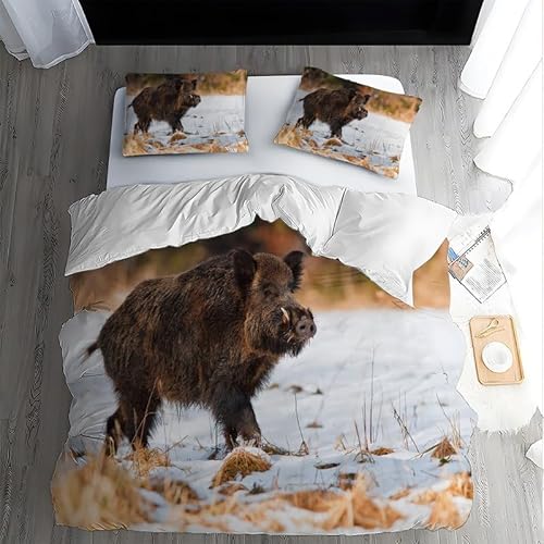 Syhibaba Bettwäsche 135x200 Kinder Braunes Wildschwein Bettwäsche-Sets 3 Teilig, Mikrofaser Bettbezug 135 x 200, 3D Muster Bettbezüge mit Reißverschluss Schließung und 2 Kissenbezug 80x80 cm von Syhibaba