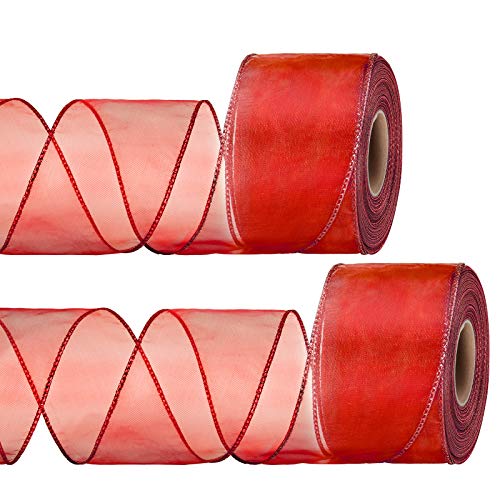 2 Rollen Weihnachten Organza Verdrahtet Schier Band Chiffon Band Breit Solide Farbe Verdrahtet Schier Organza für Weihnachten Hochzeit Verpackung Handwerk Dekoration Gefälligkeit (Rot) von Syhood