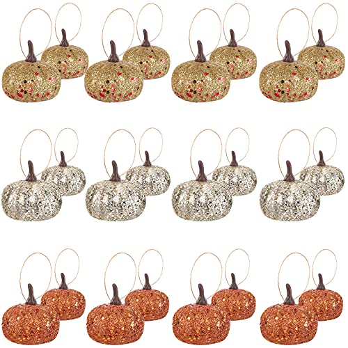 Syhood 24 Stück Erntedankfest Künstliche Glitzernde Kürbis Herbst Mini Schaum Kürbis Hängend Ornamente Realistische Kleine Künstliche Kürbisse für Baum DIY Deko (Orange, Gold, Champagner Silber) von Syhood