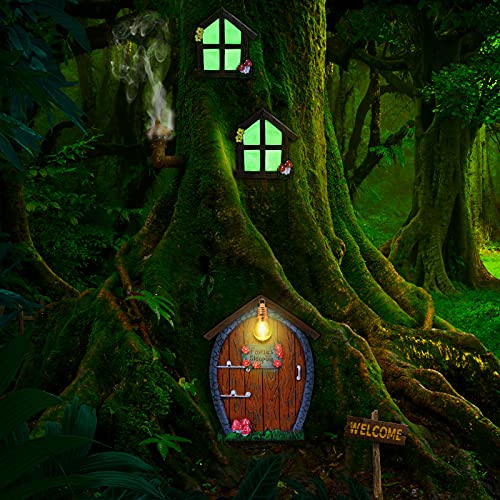 Feentür und Fenster Miniatur Haus mit Lampe für Kinderzimmer, Wand und Bäume Draußen Leuchtet im Dunkeln Feen Schlafende Hof Kunst Garten Skulptur für Bäume Garten Rasen Deko Ornament (Stein Stil) von Syhood