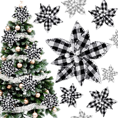 Syhood 12 Stück Buffalo Plaid Weihnachtssterne Ornamente Künstliche Weihnachtsblumen mit Glitzer Pulver für Weihnachtsbaum Kränze Girlande Urlaub Dekorationen, 16,7 cm (Schwarz und Weiß) von Syhood