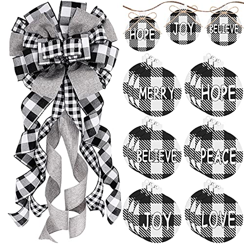 Weihnachten Schleife Baum Topper Karo Weihnachtsbaum Topper Buffalo Plaid Dekorative Schleife 23 x 13 Zoll mit 24 Buffalo Plaid Weihnachtswunsch Baum Ornament (Schwarz und Weiß) von Syhood