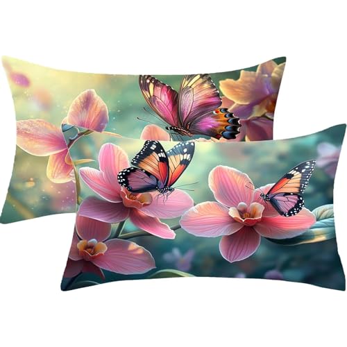 Kissenbezug Rosa Outdoor Kissen 70x90 Sofakissen Groß Kissenhüllen Blume Doppelseitiger Druck Gartenkissen 2er Set Leinen Dekokissen für Couch Balkon Herbst Deko Wohnzimmer, Geschenke für Frauen,J854 von Syiboo