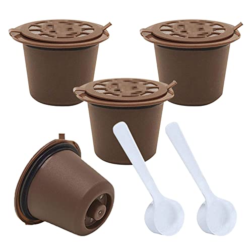 4 pcs Nachfüllbare Wiederverwendbare Kaffeekapseln für Nespresso-Maschinen Kaffeekapsel mit Netzfilter und 2 Plastiklöffeln - Braun von Syijupo