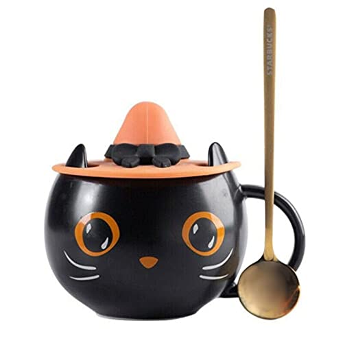 Syina 2021 Neue Schwarze Katzentasse mit Hexenkappendeckel und Löffel, Wasserbecher, süße Kitty einzigartige Keramik-Kaffeetasse für Büro und Zuhause von Syina