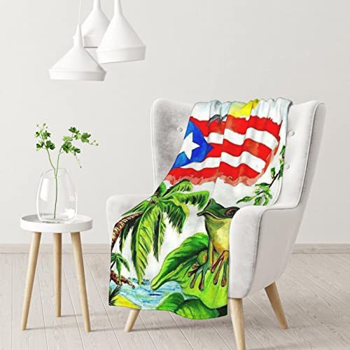 Flanell-Überwurfdecke mit Puerto Rico-Flagge, Frosch, Palmen – Mikrofaser-Flanell-Decken für Sofa, Bett, Couch und Reisen, 280 g Flanell von Sylale