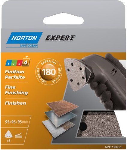 Norton Selbstmontage-Schleifpapier, 5 Blatt mit 6 Löchern, für dreieckige Schleifmaschine, Durchmesser 95 mm, Körnung 180, 5 Stück von NORTON