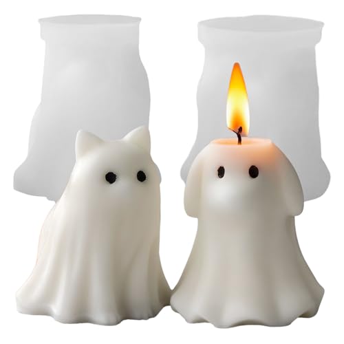 Halloween Geister Kerzenform, 2 Stück Tier Kerzenformen, Katzen-Hund-Gießgeist-Silikonformen für DIY-Gips, Polymer-Ton, Aromatherapie, Seife, Heimdekoration von Symphonyw