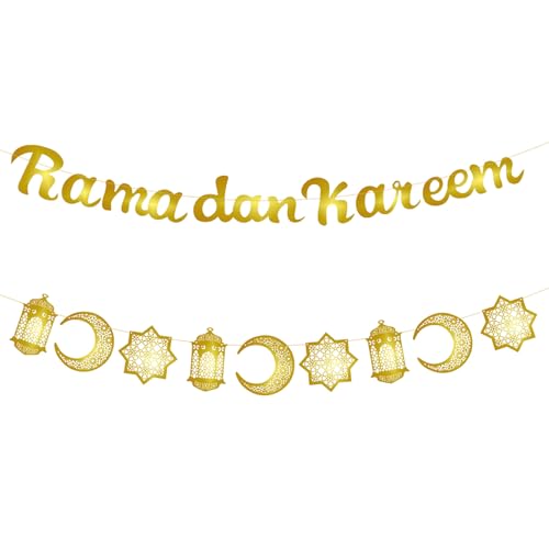 Ramadan Kareem Deko Girlande, 2 Stücke Eid Mubarak Banner Hängende Girlanden, Gold Glitzerndes Banner Mond Stern Laterne Eid Mubarak Dekorationen für Eid Festival Party Dekorationen Ramadan Kareem Deko Girlande, 2 Stücke Eid Mubarak Banner Hängende Girlanden, Gold Glitzerndes Banner Mond Stern Laterne Eid Mubarak Dekorationen für Eid Festival Party Dekorationen von Symphonyw