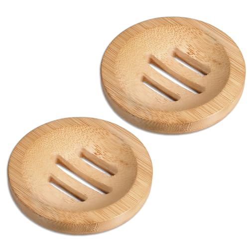 2 Stück Seifenschale Holz, Natürliche Bambus Seifenablage Rund Seifenschale mit Ablauf Handgefertigte Hölzerne Seifenhalter für Dusche, Badezimmer, Küchenspülen von SynHHergyx