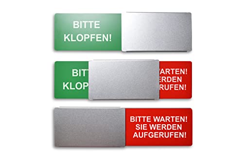 Frei/Besetzt-Schild Style: Bitte KLOPFEN/Bitte WARTEN! SIE Werden AUFGERUFEN! 175x50mm - Design Made in Germany - Gravierte Buchstaben - Rahmenloses Schild mit Metallschieber - Klebepads der Marke 3M von SynMe