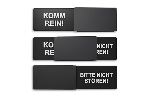 Frei/Besetzt-Schild Style: KOMM REIN/BITTE NICHT STÖREN (schwarz) 175x50mm - Design Made in Germany - Gravierter Text - Rahmenloses Schild mit Metallschieber - 2 Klebepads der renommierten Marke 3M von SynMe