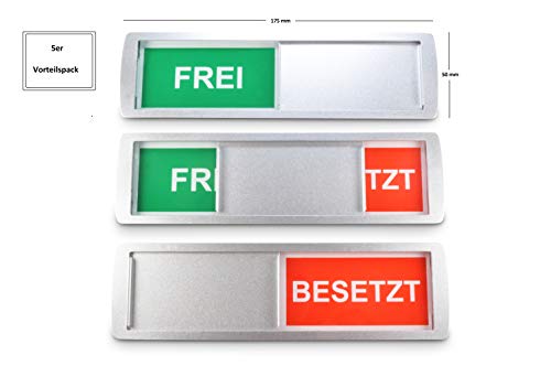 5 x GROßES FREI/BESETZT Schild 17,5 x 5cm NEU: Magnete im Rahmen arretieren Gebogene Metallschiebeeinheit in Position: Somit auch gut mit Ellbogen bedienbar - Metallic-Lack & 3M Qualitätsklebefläche von SynMe