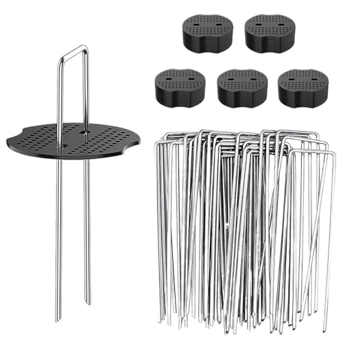 Bodenanker für Unkrautvlies 50pcs Landscape Staples Gaskets Garden Stakes Pins U-Shaped Anti-Rust Ground Sod Yard for Weed Fabric Tubing(Gasket with U-Staple) von SynapSYA