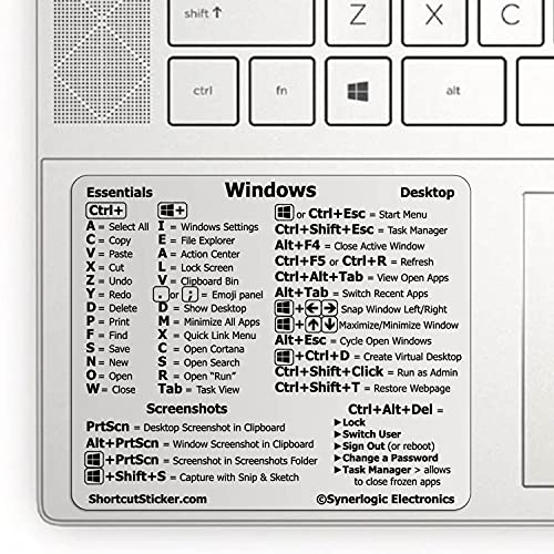 SYNERLOGIC (10 pcs) Windows PC Keyboard Shortcuts Stickers | No-Residue Laminated Vinyl Cheatsheet Windows Keyboard Stickers 76 x 64mm (Clear/Black, Small, 10 pcs) von Synerlogic