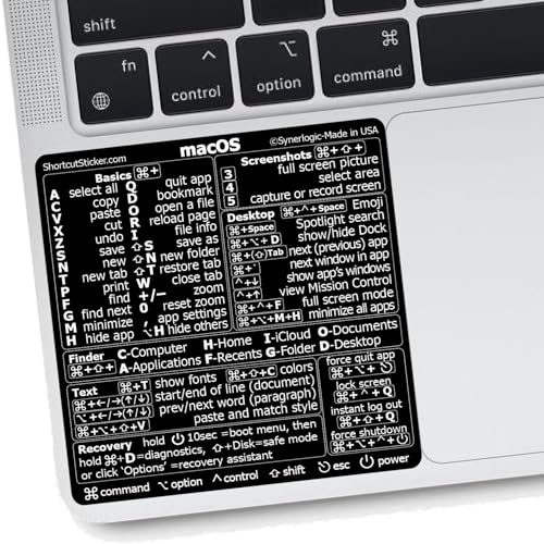 SYNERLOGIC (5 pcs) Mac OS Keyboard Shortcuts Stickers | No-Residue Laminated Vinyl Cheatsheet MacBook Keyboard Stickers 83 x 83 mm (Black, 5 pcs) von Synerlogic