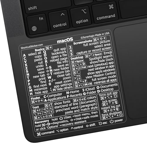 SYNERLOGIC (5 pcs) Mac OS Keyboard Shortcuts Stickers | No-Residue Laminated Vinyl Cheatsheet black case MacBook Keyboard Stickers 83 x 83 mm (Clear/White, 5 pcs) von Synerlogic