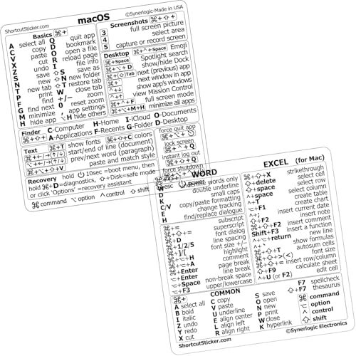 SYNERLOGIC (5 sets) Mac OS + Word/Excel (for Mac) Shortcuts Stickers Bundle | No-Residue Laminated Vinyl Cheatsheet MacBook Keyboard Stickers 83 x 83 mm (Clear/Black, 5 sets) von Synerlogic