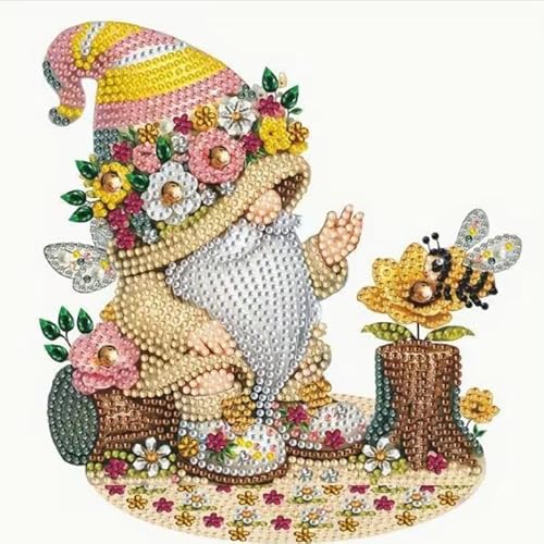 Syntego 5D DIY Blumen sitzender Zwerg und Biene Diamantmalerei Kunst Kit Strass Holz Tischplatte Ornament Dekoration von Syntego
