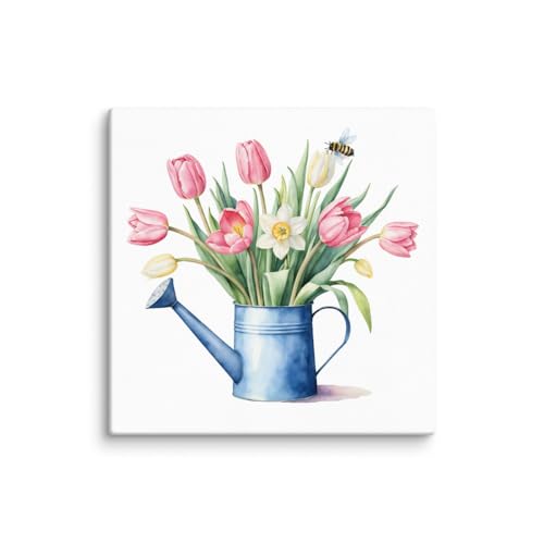 Vibrant Spring Flowers in Metal Watering Can – Rustic Floral Canvas Wall Art for Home Décor von Syntego
