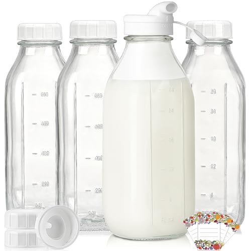 Liter-Glas-Milchflaschen mit Waage, 100 % luftdichter, robuster Schraubdeckel, 4 Stück, 907 ml Trinkgläser mit Deckel, Glasflaschen für Milch, Honig, Marmelade, spülmaschinenfest (2 zusätzliche Deckel von Syntic