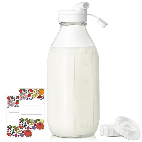 Syntic Quadratische Liter-Glas-Milchflaschen mit luftdichtem Deckel, 100 % auslaufsicherer, robuster Schraubverschluss, 900 ml Glas-Saftflaschen mit Skalenmarkierung, wiederverwendbare Krüge für von Syntic