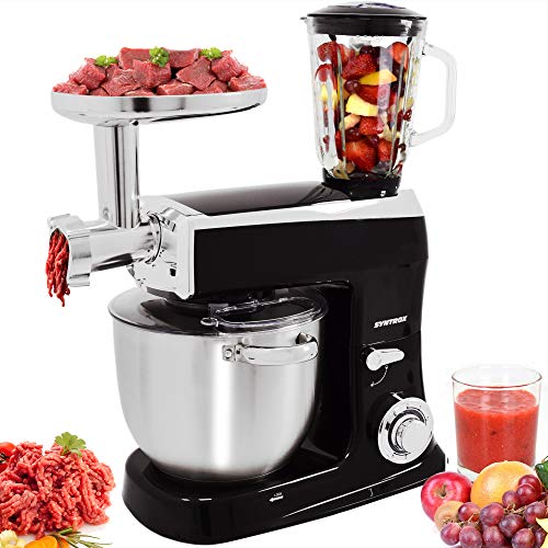 Syntrox Germany 1500 Watt Küchenmaschine Knetmaschine Mixer mit Fleischwolf, Edelstahl-Behälter, 7,5 Liter, schwarz von Syntrox Germany