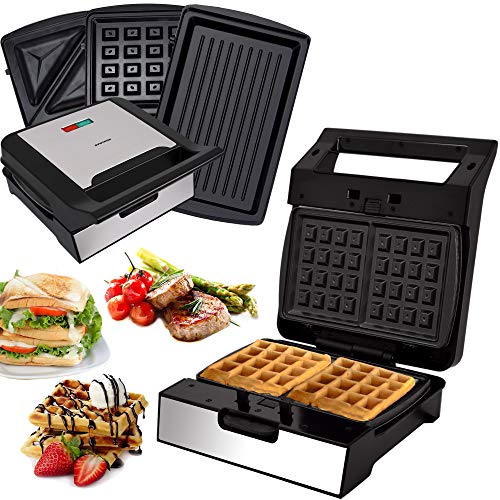Syntrox Germany 3 in 1 Edelstahl Maker MM-1400W Multimaker Sandwichmaker + Waffeleisen + Kontaktgrill mit 3 Wechselplatten von Syntrox Germany