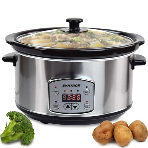 Syntrox Germany 4,5 l Slow Cooker | Schmortopf | Schongarer | Multikocher Annot, digitale Küchenuhr, Schonendes Langsamgaren, Edelstahl, Mikrowellengeeignet, Eintopfgerät von Syntrox Germany