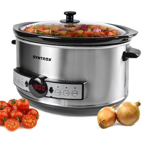 Syntrox Germany 4,5 l Slow Cooker | Schmortopf | Schongarer | Multikocher Snittai, Edelstahl Küchengerät, mit Glasdeckel, Praktisches Küchenzubehör, 280 Watt von Syntrox Germany