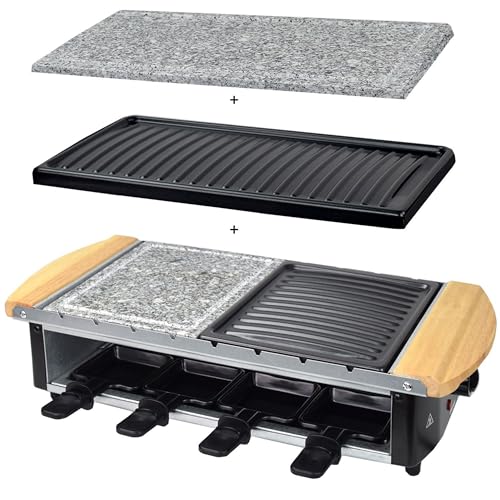 Syntrox Germany 8er 3in1 Raclette Grill | Set | Tischgrill | Steinplatte | Emailliert Urilas, mit geteilter Platte, für 8 Personen geeignet, mit Wechselplatten, Antihaftbeschichtung von Syntrox Germany