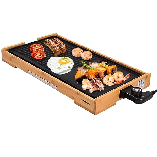 Syntrox Germany Elektrogrill Mexiko, Tischgrill, 2200 Watt, Kontaktgrill, Grillplatte, Campinggrill, Antihaftbeschichtete Grillplatten, inklusive Thermostat, Leicht zu reinigen, Schwarz-Bambus Design von Syntrox Germany