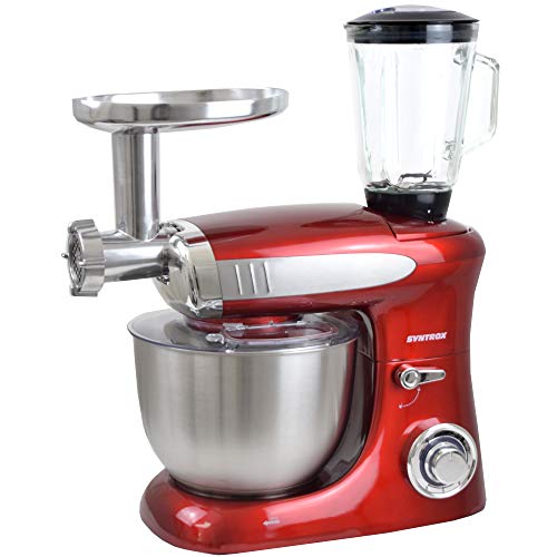 Syntrox Germany KM-1300W Red de Luxe Küchenmaschine Knetmaschine Mixer mit Fleischwolf, Edelstahl-Behälter, 6,5 Liter, rot von Syntrox Germany