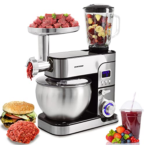 Syntrox Germany KM-1300W de Luxe Nice Küchenmaschine Knetmaschine Mixer, Fleischwolf, LCD Display, Edelstahlschüssel 7 Liter in Rot und Schwarz (Schwarz) von Syntrox Germany