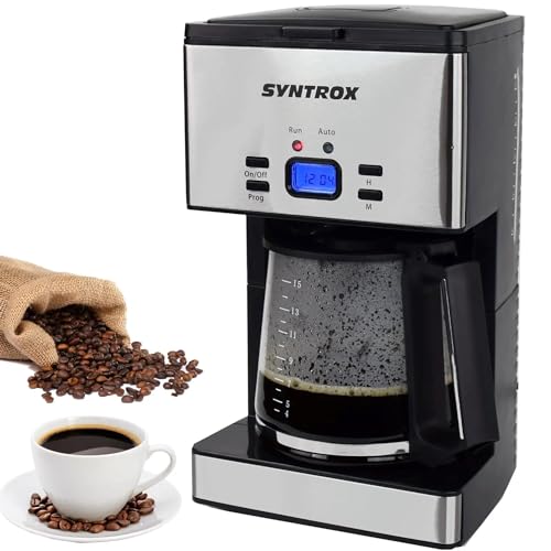 Syntrox Germany Kaffeemaschine Quitum mit Timer Edelstahl, inklusive LCD Display, Filterkaffeemaschine mit Timer, Automatische Abschaltung mit Überhitzungsschutz, 1000 Watt, Schwarz/Silber von Syntrox Germany