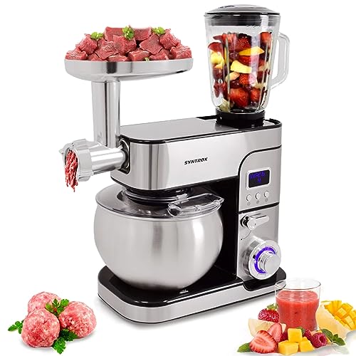 Syntrox Küchengerät Kagus Edelstahl 6 Liter Küchenmaschine & Fleischwolf, Knethaken, Schneebesen, LED-Display, Timerfunktion, 1300 Watt, einfache Bedienung (Schwarz) von Syntrox Germany