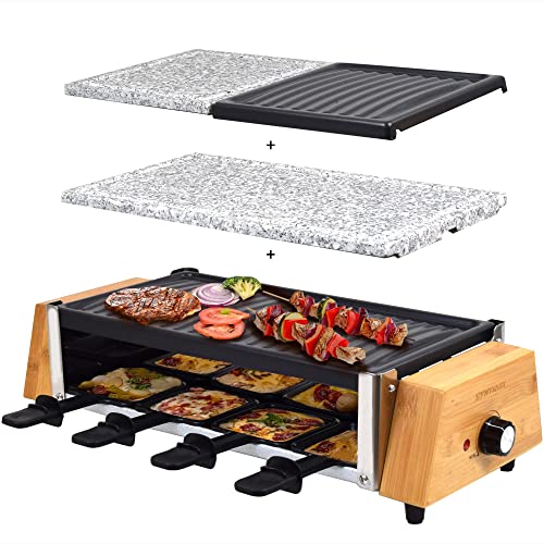 Syntrox Germany RAC-1200W-Murten Raclette im Holz Design mit geteilten Platten Heißer Stein & Grillplatte, Gewicht: 7,5 kg von Syntrox Germany