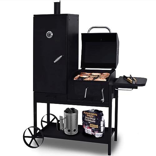 Syntrox Germany Smoker Klavor mit Räucherofen, BBQ-Grill, Holzkohlegrill. Smokergrill, Stahl, Stahlblech mit Feuerschutzlack, Grillkammer und Räucherkammer, Holzgriffe, Aschetür mit Riegelverschluss von Syntrox Germany