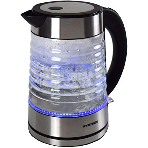 Syntrox Germany WK-2000W-1.7G Agua 2000 Watt 1,7 Liter Edelstahl schnurlos Glas Wasserkocher mit blauem LED Licht 360° cordess Wasserkessel Teekessel von Syntrox Germany