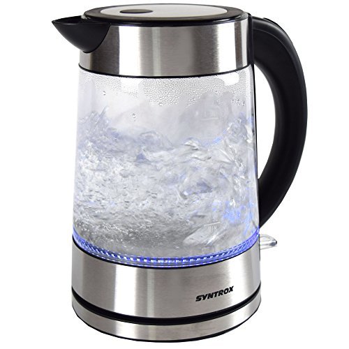 Syntrox Germany WK-2000W-1.7G Lago 2000 Watt 1, 7 Liter Edelstahl schnurlos Glas Wasserkocher mit blauem LED Licht 360° cordess Wasserkessel Teekessel von Syntrox Germany