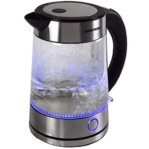 Syntrox Germany WK-2000W-1.7G Rio 2000 Watt 1,7 Liter Edelstahl schnurlos Glas Wasserkocher mit blauem LED Licht ° cordess Wasserkessel Teekessel von Syntrox Germany