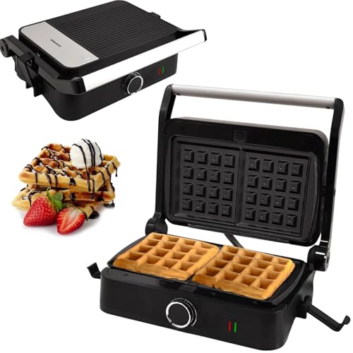 Syntrox Belgische Waffel Kombigerät Multifunktionsmaker mit Wechselplatten, Kontaktgrill Edelstahl, Multifunktions Sandwichmaker, mit austauschbaren Platten, multifunktionales Küchengerät von Syntrox Germany