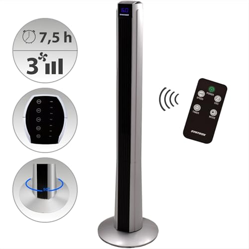 Syntrox Turmventilator 120cm mit Fernbedienung | Säulenventilator Timer 7,5h | Standventilator 90° Oszillation | 3 Modi Nachtmodus | Turmlüfter leise 50W (Schwarz Silber) von Syntrox Germany