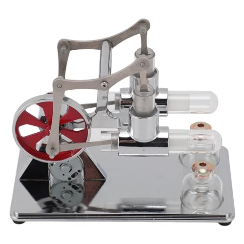 Syrisora ​​Stirlingmotor-Modellbausatz, Frühpädagogisches Doppelzylinder-Stirlingmotor-Motormodell mit Ganzmetall-Holzbasis für Wissenschaftliche Physikexperimente (Silber) von Syrisora