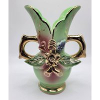 Vintage Grüne Vase Mit Erhabenen Gold Blumen Design von SysamosCurio