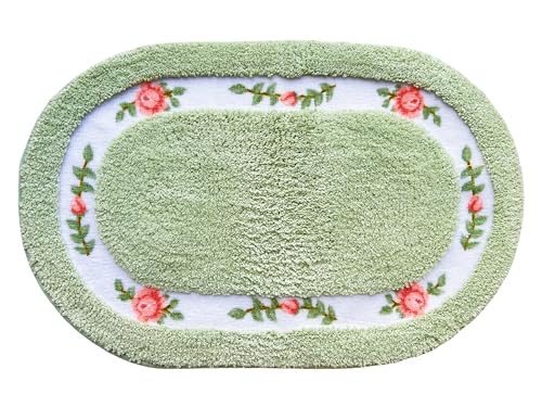 Sytian Nice Rose Flower Badezimmerteppich, Badteppich, Badematte, superweich, rutschfest, saugfähig (grün, 50 x 80 cm, oval) von Sytian