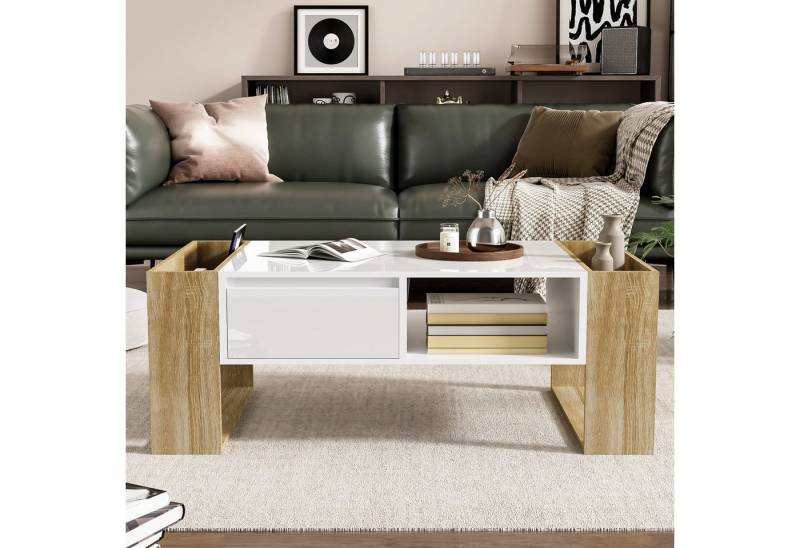 Sytifro Couchtisch Moderner Couchtisch 105 x 60 x 40 cm (Hochglänzender Oberfläche, Schublade und 4 offenen Fächern) von Sytifro