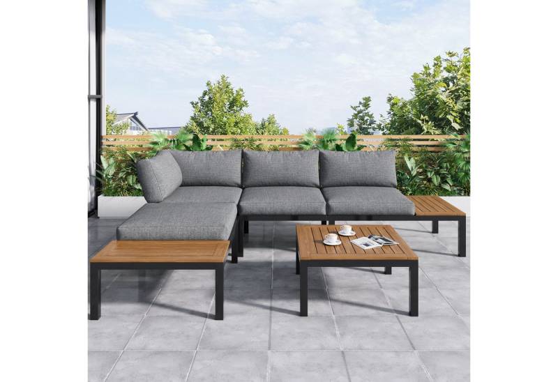 Sytifro Gartenlounge-Set Garten-Lounge-Set, Balkonset, Tischplatte aus massiver Akazie, (2 Zweisitzer, 2 Beistelltische, 1 Tisch), Stoffbezug für Rückenlehne, grau von Sytifro