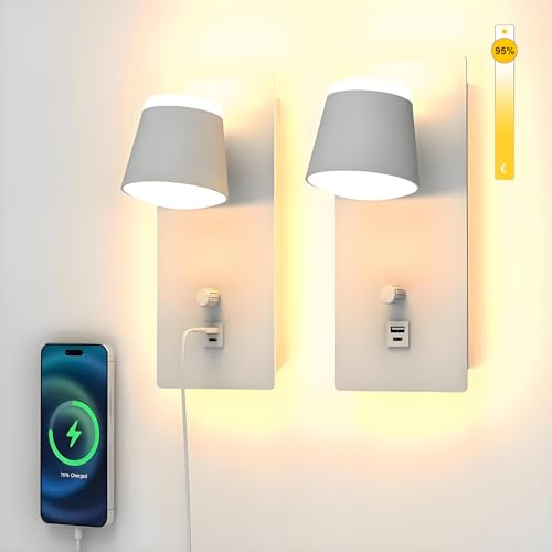 Sytmhoe 2 Stück Dimmbar Wandlampen Weiß Für Innen Mit Usb Type C Ladeanschluss, 3000K Wohnzimmer Wandlichter Schlafzimmer Wandleuchten Mit Schalter, Hotel Weisse Wandbeleuchtungen Nachttischlampe Wand von Sytmhoe